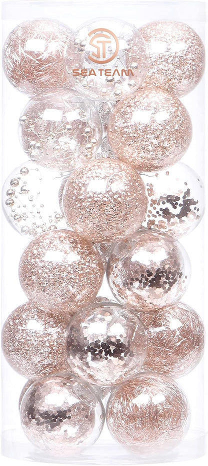 24 Count Shatterproof Clear Plastic Christmas Ball Ornaments with Gold Decorations