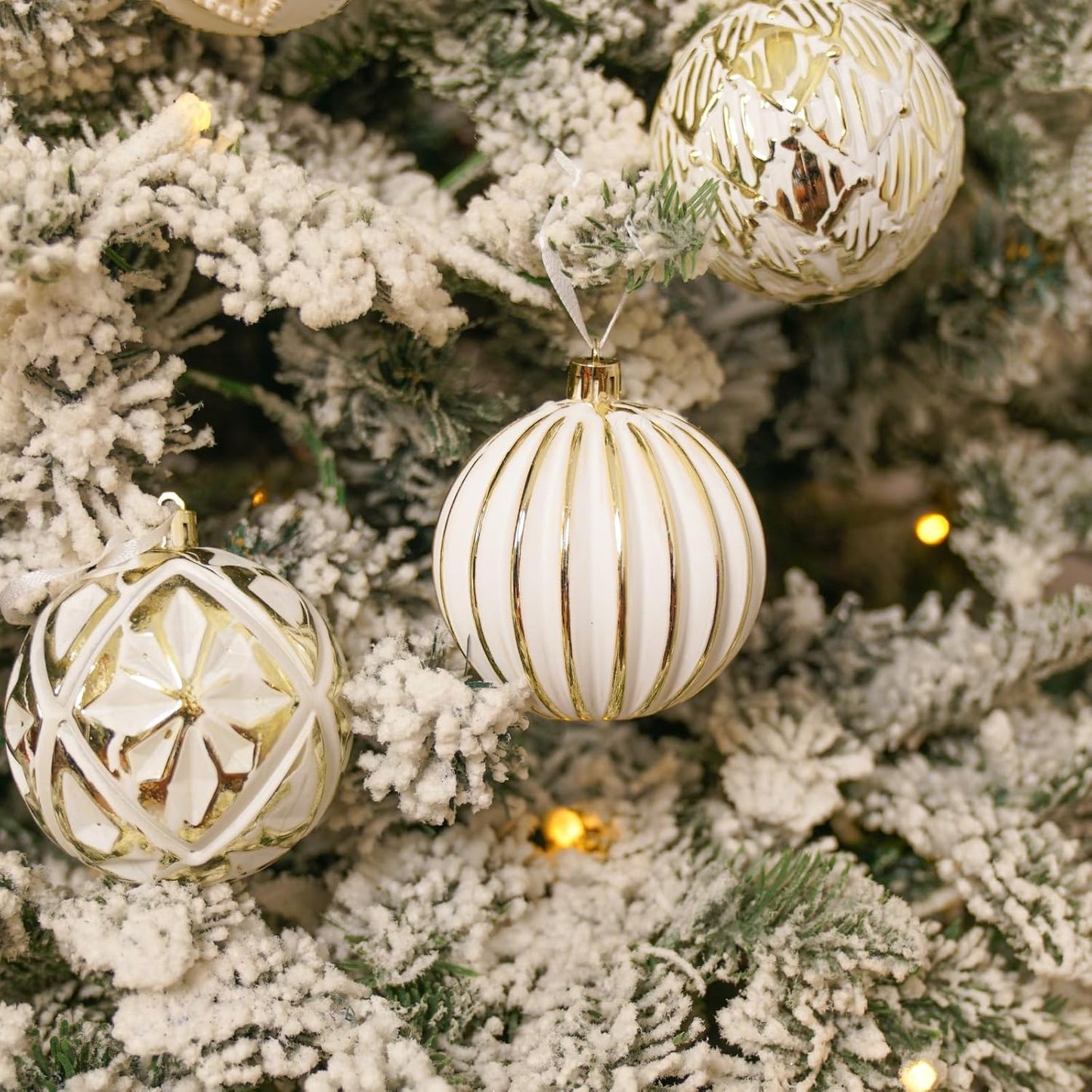 Rustic Christmas Ball Ornaments Set - Farmhouse Distressed Tree Decorations - Shatterproof Antique Style Xmas Hanging Ornaments - White Gold (12Pcs)