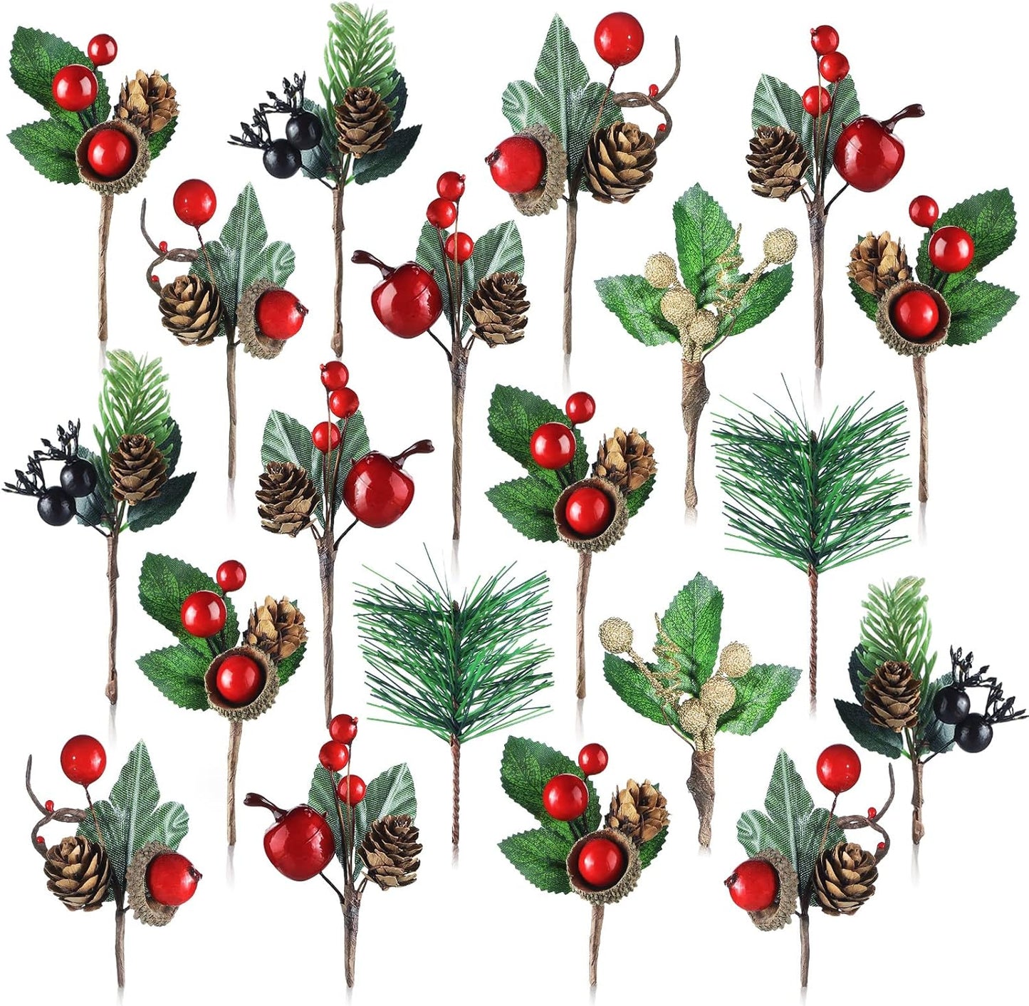 Artificial Christmas Red Berry Picks Pine Cones Holly Berries Floral Stem Branches Fake Greenery Picks for Xmas Tree Crafts Party Home Decor