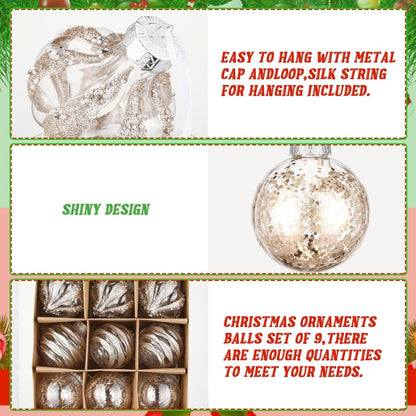 Clear Shatterproof Christmas Ball Ornaments - Set of 9 - Champagne Color