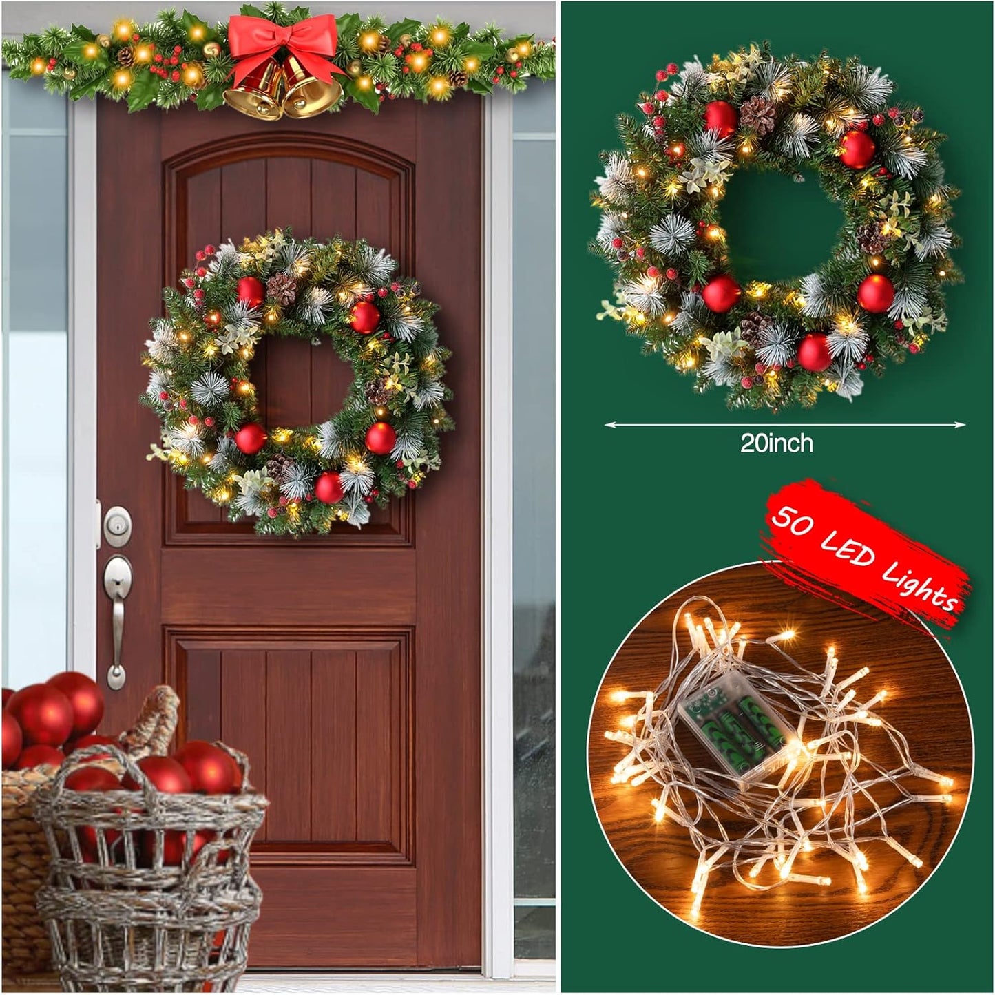 Pre-Lit Christmas Wreath with Pine Cones, Berries, and Ornaments - Indoor/Outdoor Decor (20 in)