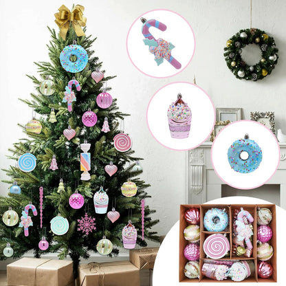 Macaron Christmas Ball Ornaments Set - Shatterproof Cute Donut Lollipop Candy Hanging Decor for Tree Holiday Indoor