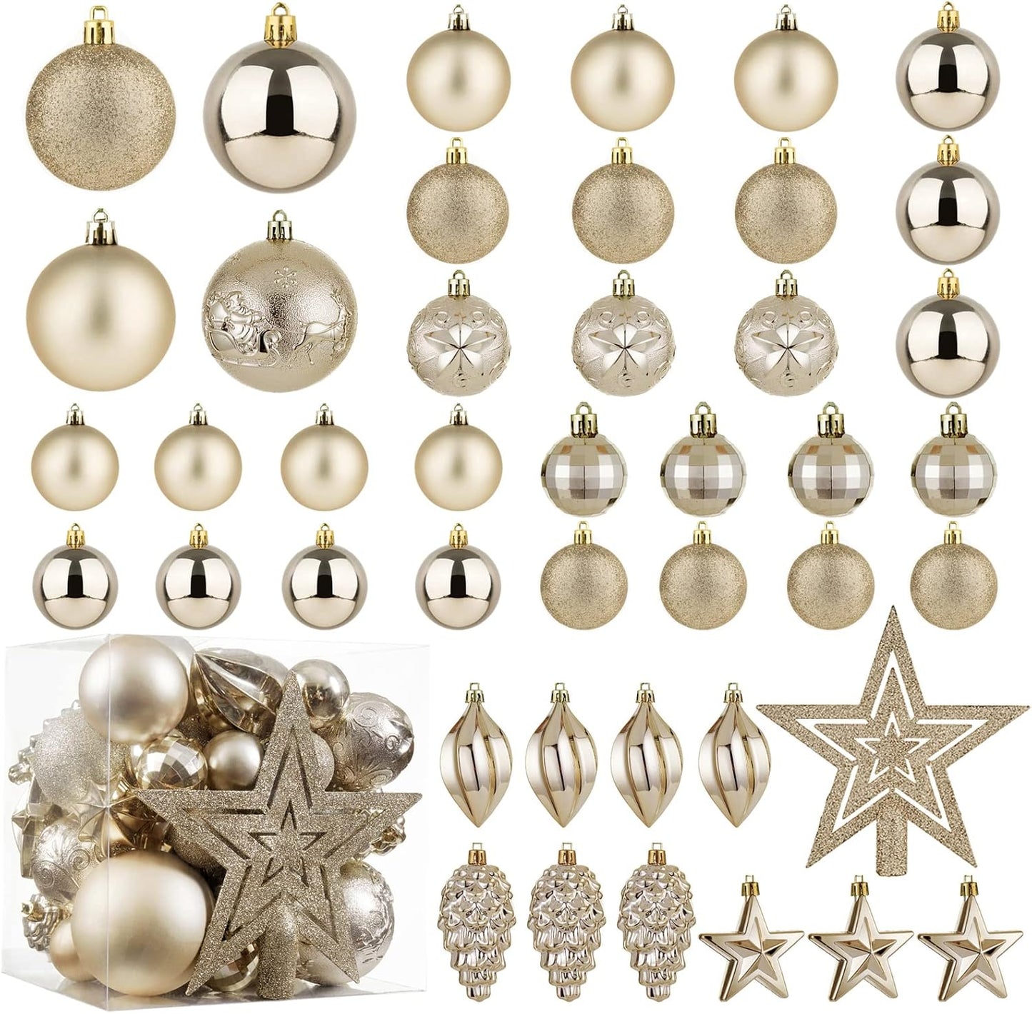 Champagne Shatterproof Christmas Ball Ornaments - Set of 43 for Xmas Holiday Party and Home Decoration