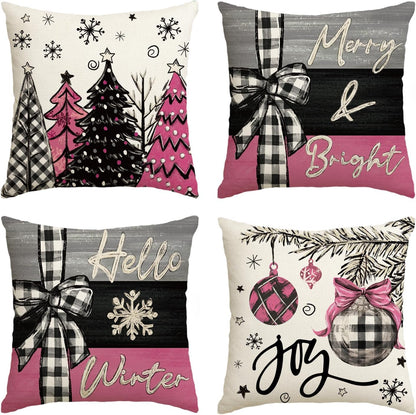 Colorlife Christmas Joy Xmas Trees Red Throw Pillow Covers - Set of 4