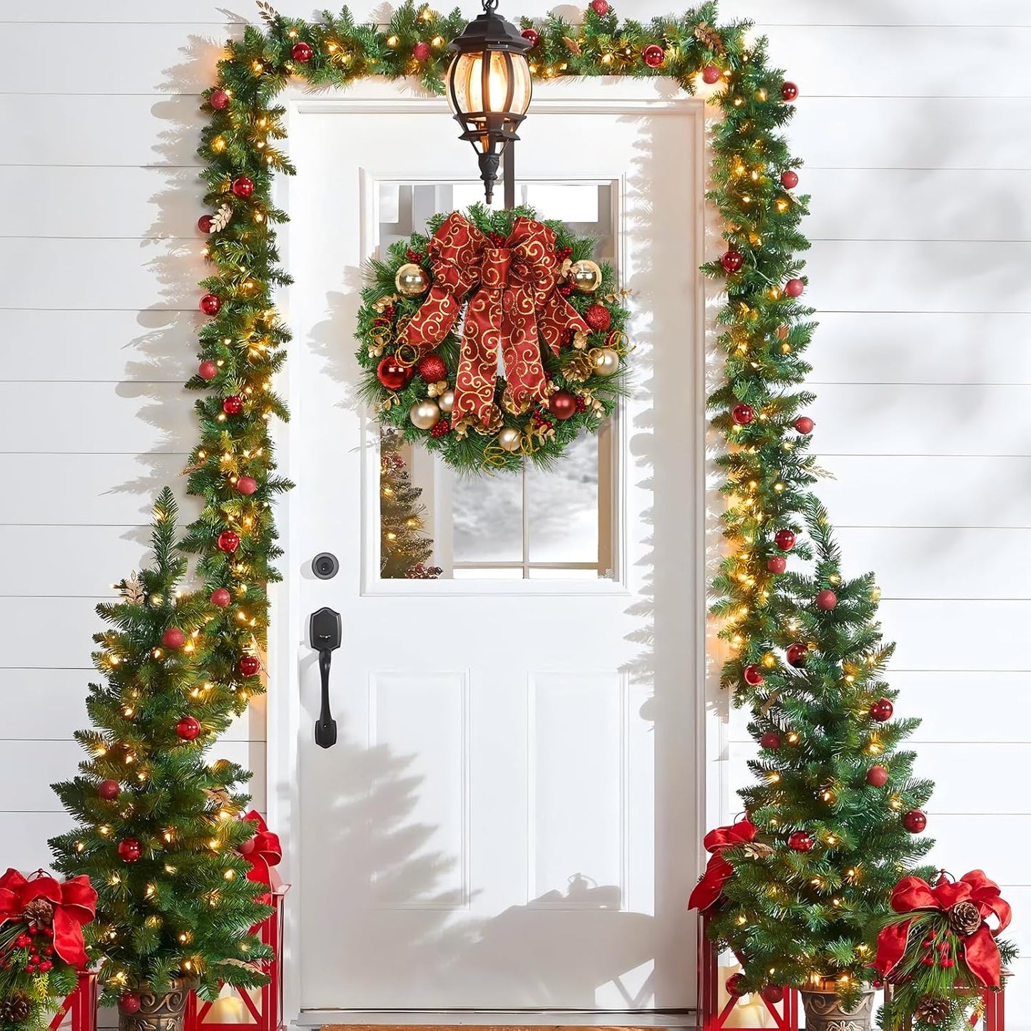 Christmas Wreath with Red Bow and Christmas Ball Decorations - Front Door and Home Wall Windows