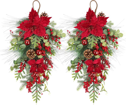 Set of 2 Christmas Teardrop Swags with Red Berries, Poinsettia