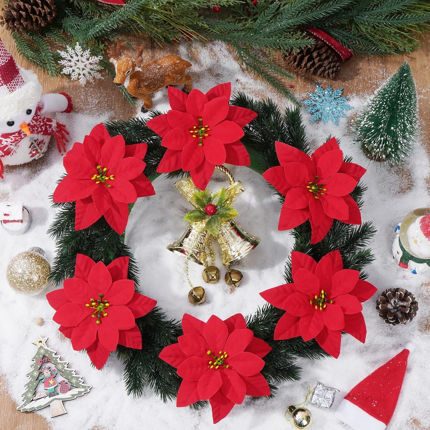 Velvet Red Poinsettia Artificial Christmas Flowers - 8 Pack for Tree Decoration