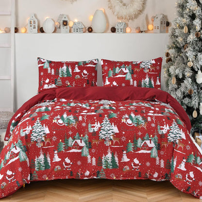 Christmas Tree Deer Queen Size Duvet Cover Set - Green