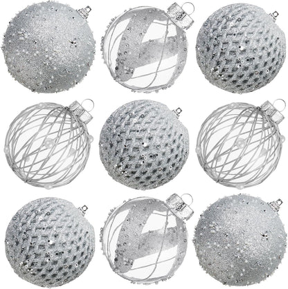 Large Shatterproof Foam Christmas Ball Ornaments - Clear Plastic Glitter Hanging Balls for Xmas Holiday Party Home Decor (Champagne) - Set of 9