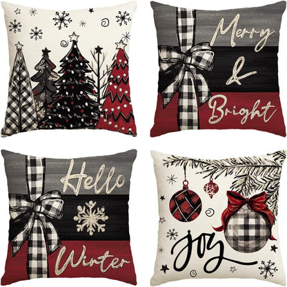 Colorlife Christmas Joy Xmas Trees Red Throw Pillow Covers - Set of 4