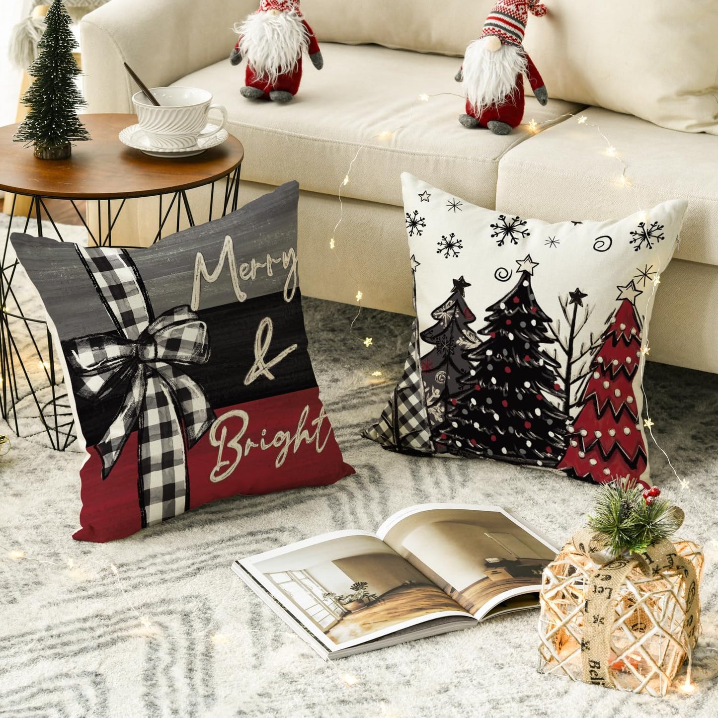 Colorlife Christmas Joy Xmas Trees Red Throw Pillow Covers - Set of 4