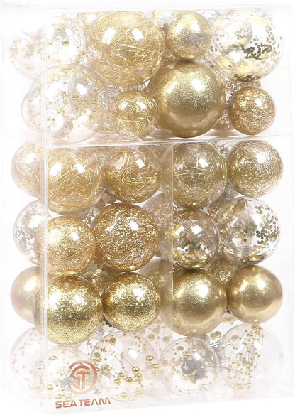 24 Count Shatterproof Clear Plastic Christmas Ball Ornaments with Gold Decorations