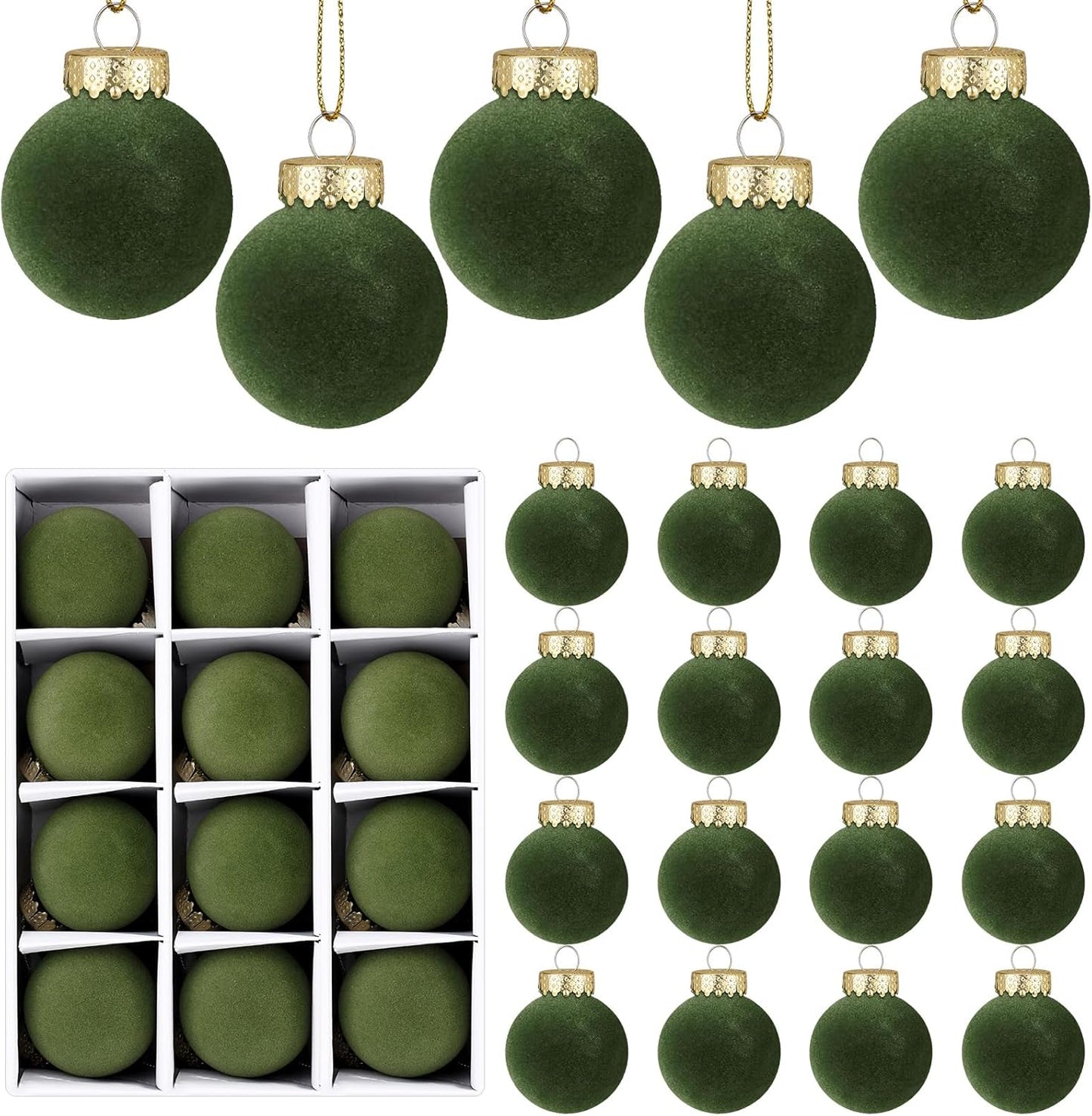 Velvet Christmas Balls - Set of 24 Flocked Ornaments for Xmas Tree Decoration