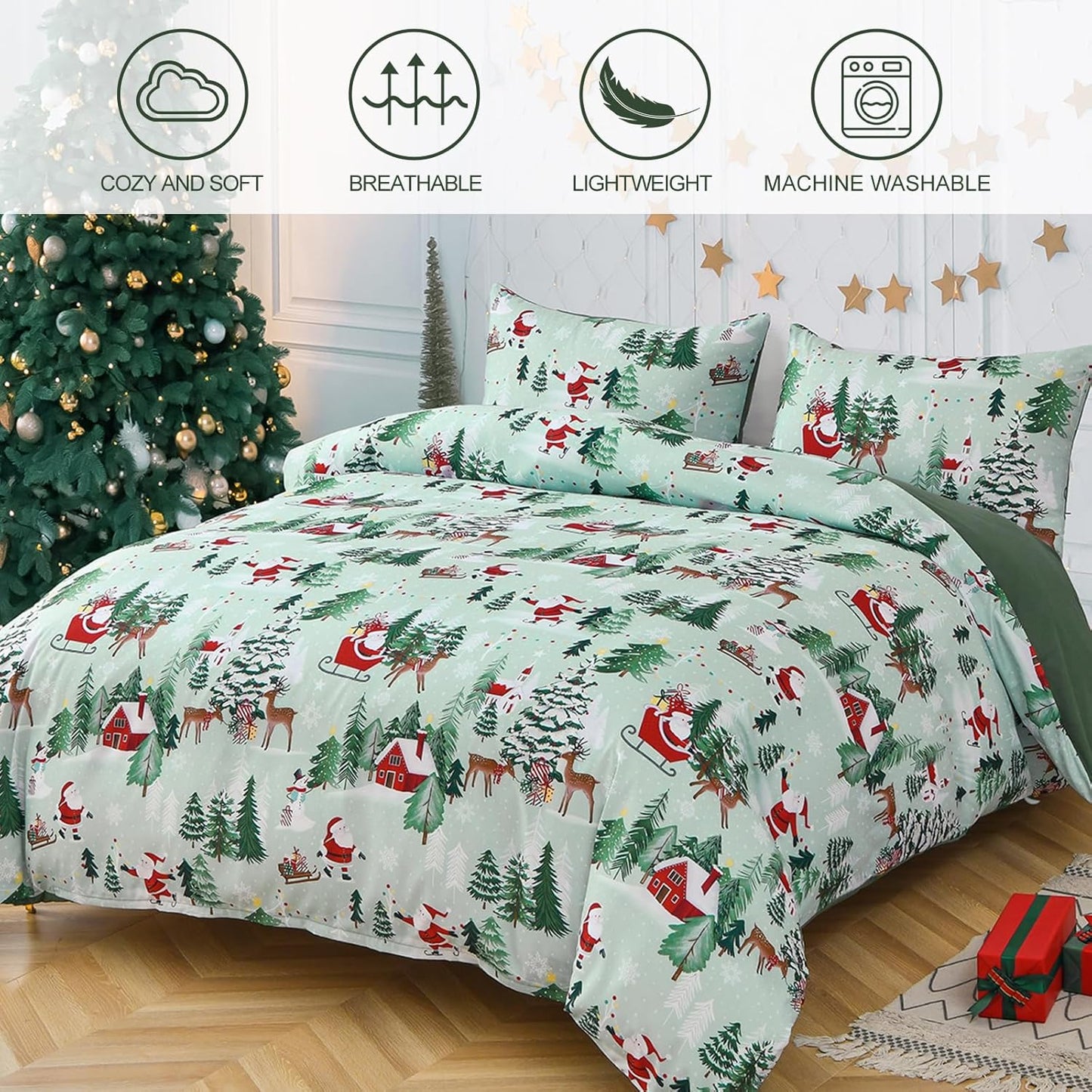 Christmas Tree Deer Queen Size Duvet Cover Set - Green