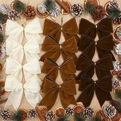 Christmas Velvet Bows - Milky White/Brown/Green (12 Pcs)