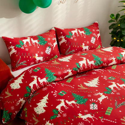 Xmas Tree Reindeer Queen Duvet Cover Set - Festive Bedroom Decor - Lightweight Comforter Cover - 3 Pieces