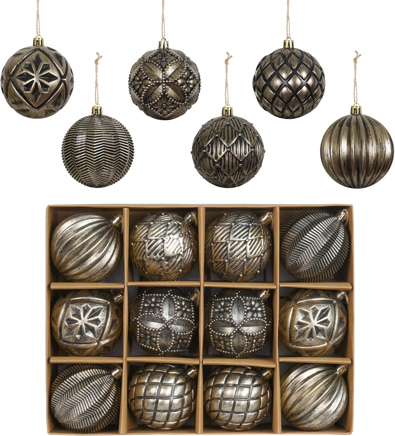 Rustic Christmas Ball Ornaments Set - Farmhouse Distressed Tree Decorations - Shatterproof Antique Style Xmas Hanging Ornaments - White Gold (12Pcs)