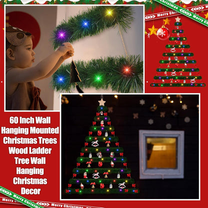 Rustic Holiday Wall Hanging Christmas Tree with Tinsel Twist and LED Lights