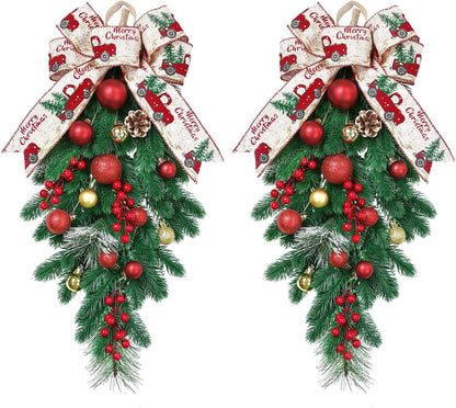 Artificial Christmas Swags with Berries, Pinecones, Winter Pine and Cypress Leaf - 24" Teardrop Decorative Swag for Indoor Outdoor Holiday Decor (2-Pack)