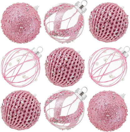 Large Shatterproof Foam Christmas Ball Ornaments - Clear Plastic Glitter Hanging Balls for Xmas Holiday Party Home Decor (Champagne) - Set of 9