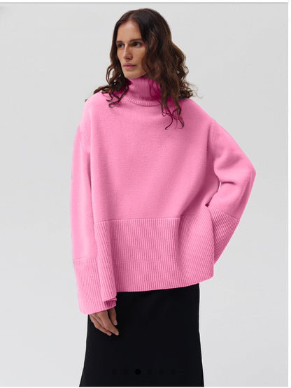 Turtle Neck Autumn Winter Women Soft Warm Basic Knitted Split Pullover Loose Casual Sweater