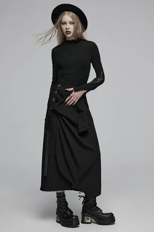 Skirt Deconstructed Loose Casual Irregular Daily Waisted Medium Women's High Black