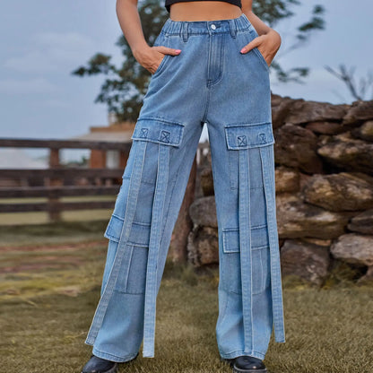 Amy Fashion - 90s Streetwear Blue Cargo Casual Big Pockets Overalls High Waist Straight Denim Jean