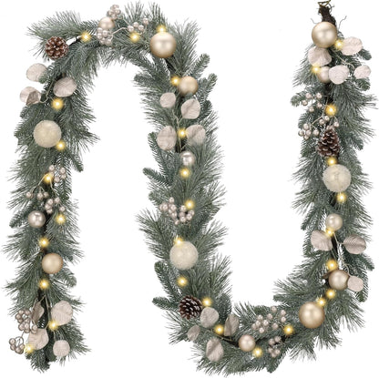 Pre-Lit Christmas Garland with White Gold Ball Accents