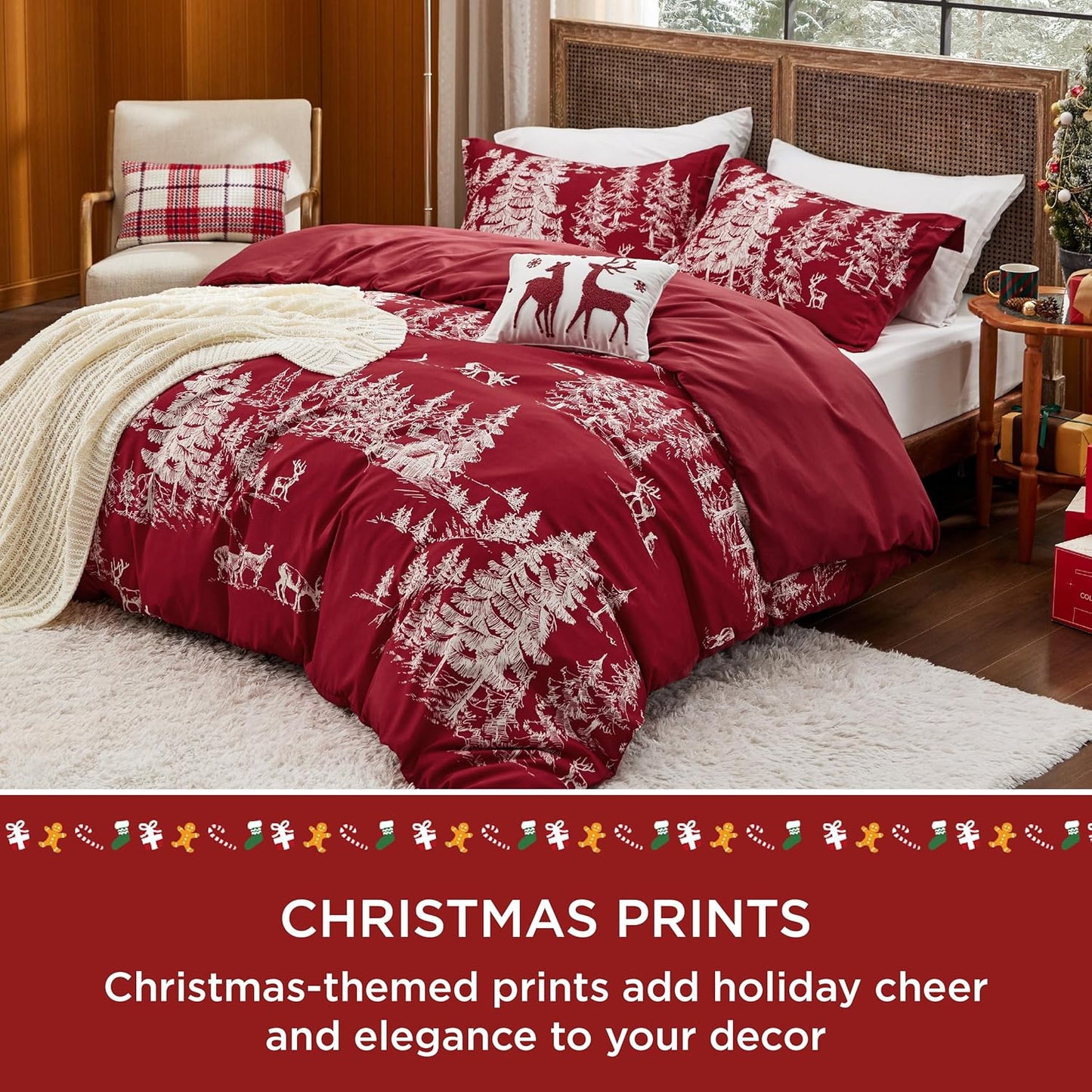 Red Forest Christmas Bedding Set - Queen Size - 5-Piece Set with Duvet Cover, Pillow Shams, Throw Blanket, and Decorative Pillow