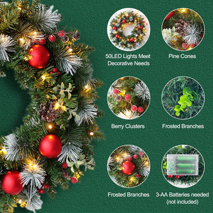 Pre-Lit Christmas Wreath with Pine Cones, Berries, and Ornaments - Indoor/Outdoor Decor (20 in)