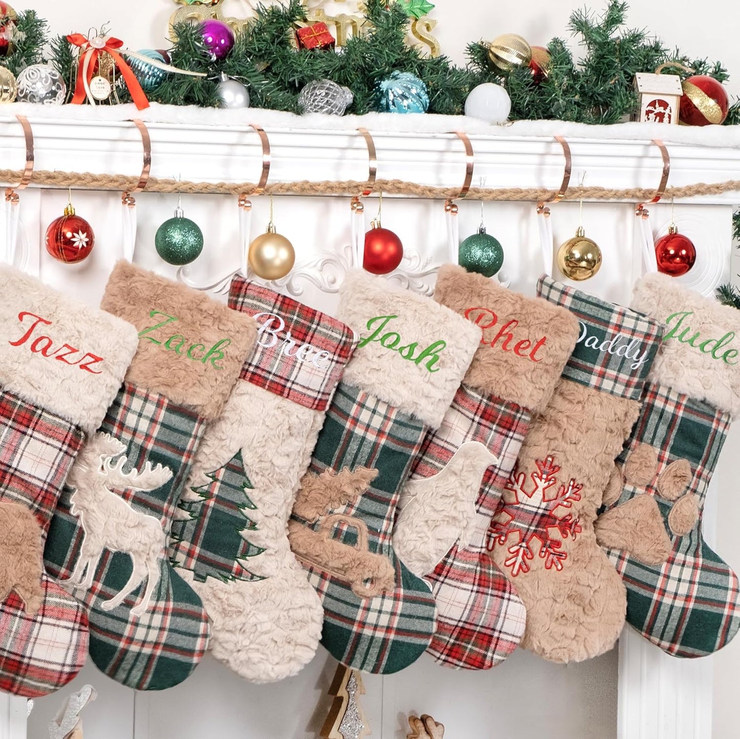 6 Pack Christmas Stocking - Red Green Plush Plaid Mix and Match Classic Rustic Farmhouse Country Cotton Fireplace Hanging Xmas Stockings for Family Holiday Season Decor