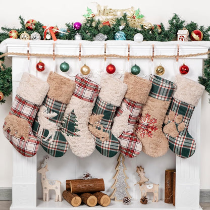 6 Pack Christmas Stocking - Red Green Plush Plaid Mix and Match Classic Rustic Farmhouse Country Cotton Fireplace Hanging Xmas Stockings for Family Holiday Season Decor