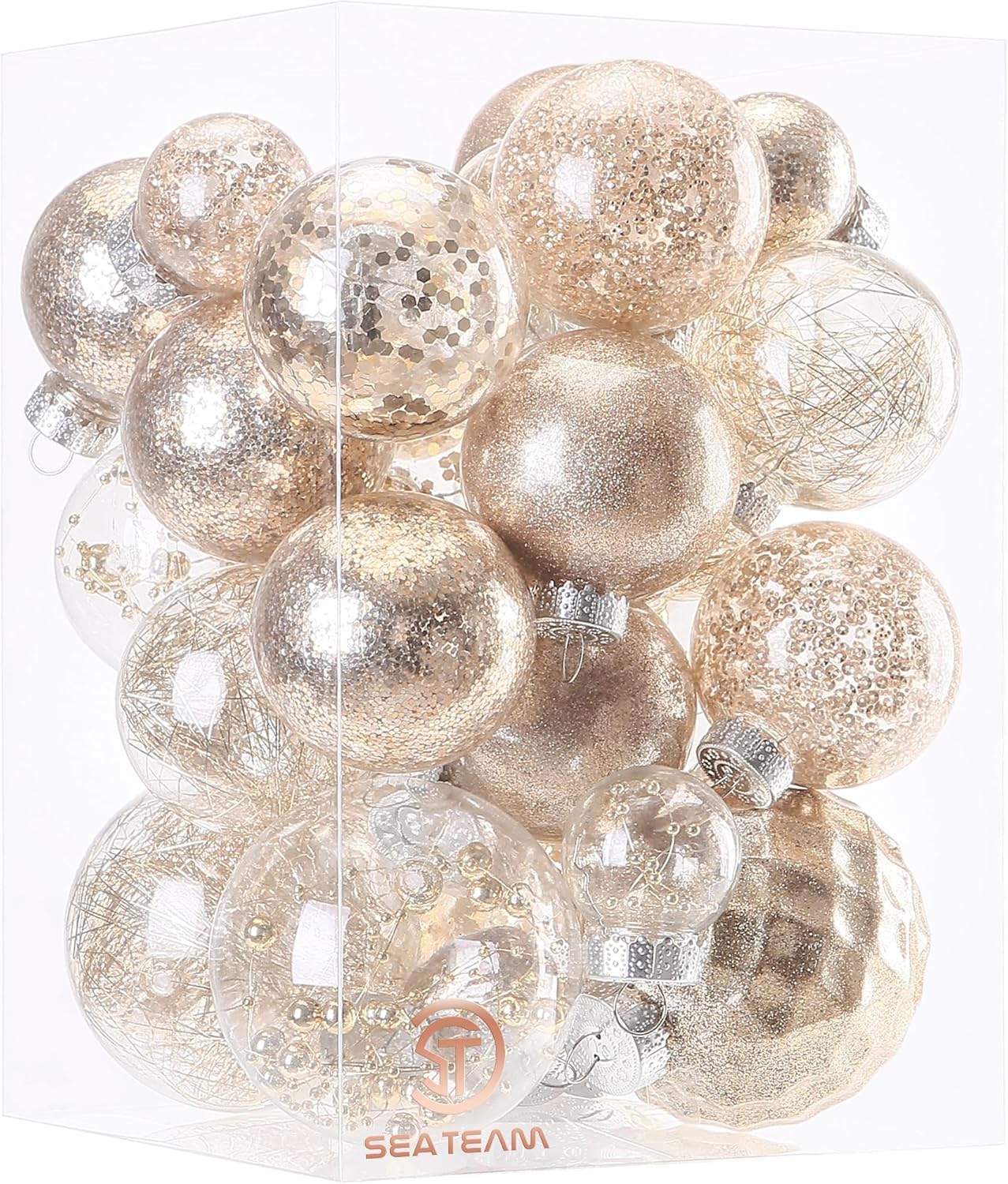 24 Count Shatterproof Clear Plastic Christmas Ball Ornaments with Gold Decorations