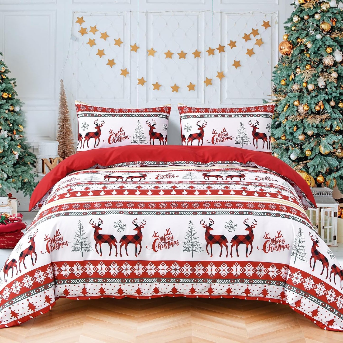 Reindeer Snowflakes King Size Duvet Cover Set - 3 Piece