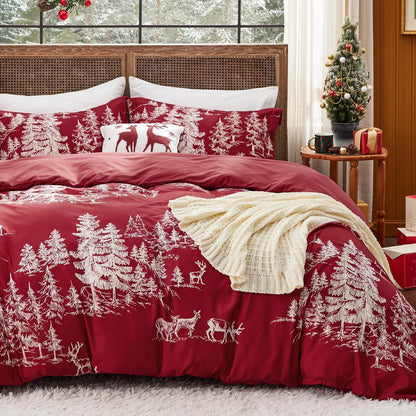 Christmas Duvet Cover Queen - Reversible Buffalo Check Printed Plaid - Includes 1 Duvet Cover and 2 Pillow Shams - Reindeer Design - Queen Size