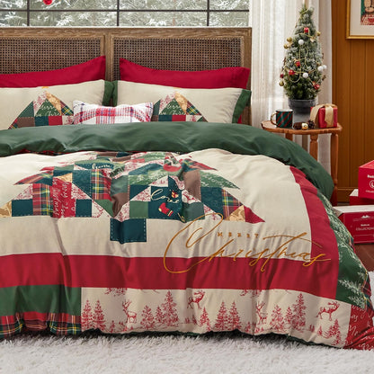 Christmas Duvet Cover Queen - Reversible Buffalo Check Printed Plaid - Includes 1 Duvet Cover and 2 Pillow Shams - Reindeer Design - Queen Size