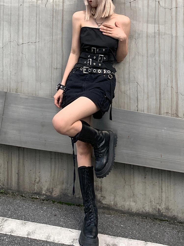 Punk Crop Top Gothic Black Design Bandage Eyelet Sleeveless