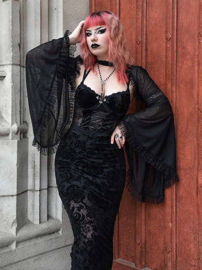 Harajuku Street Gothic Dress Print Sling Club Lace Midi Velvet Mesh Bandage Corset