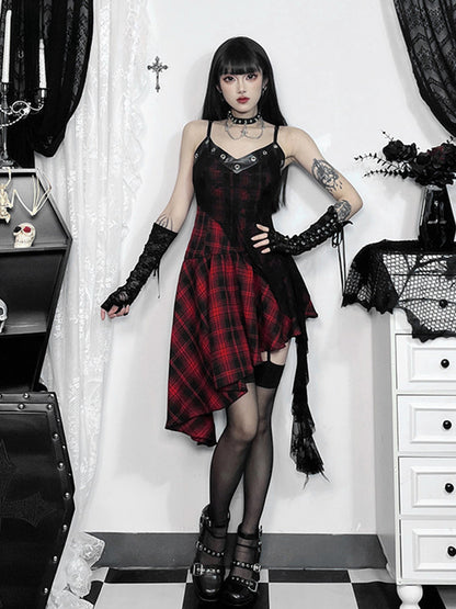 Gothic Vintage Irregular Party Red Y2K Backless Patchwork Dress Plaid Club Lace