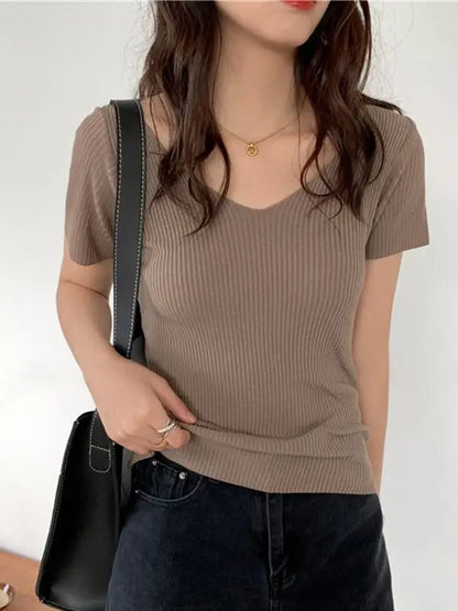 Basic V-neck Solid Thin Summer Ribbed Slim Short Sleeve Sweater