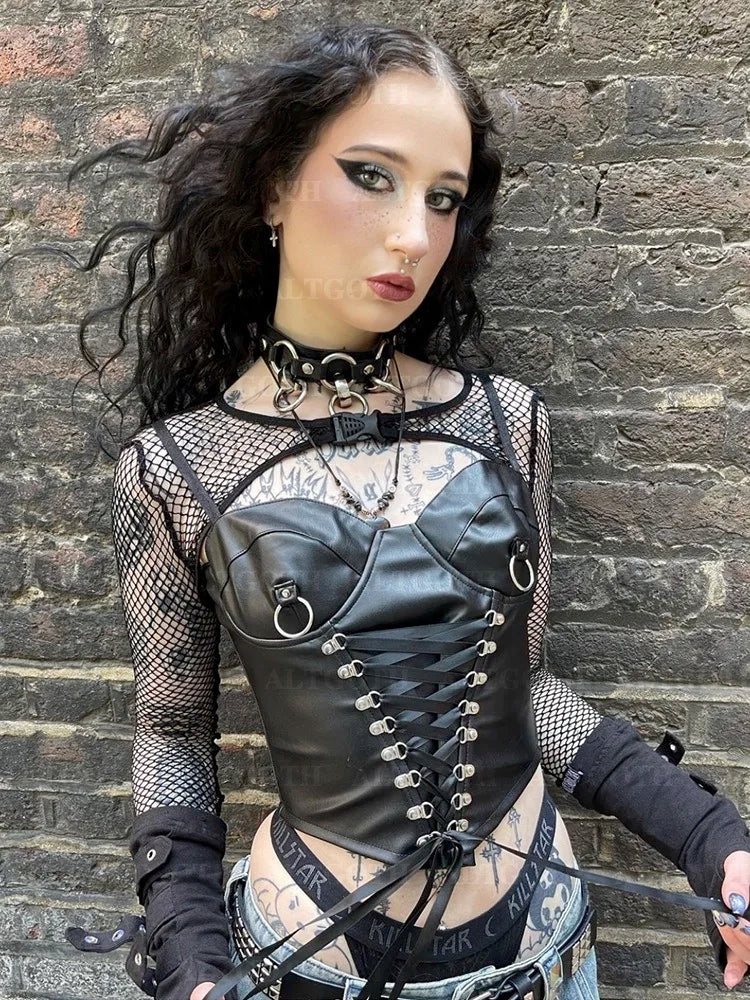 Goth Bandage Top Corset PU Crop Alt Cyberpunk