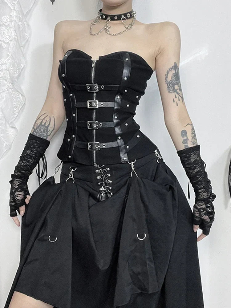 Gothic Harajuku PU Goth Patchwork Crop Top Zipper Alt