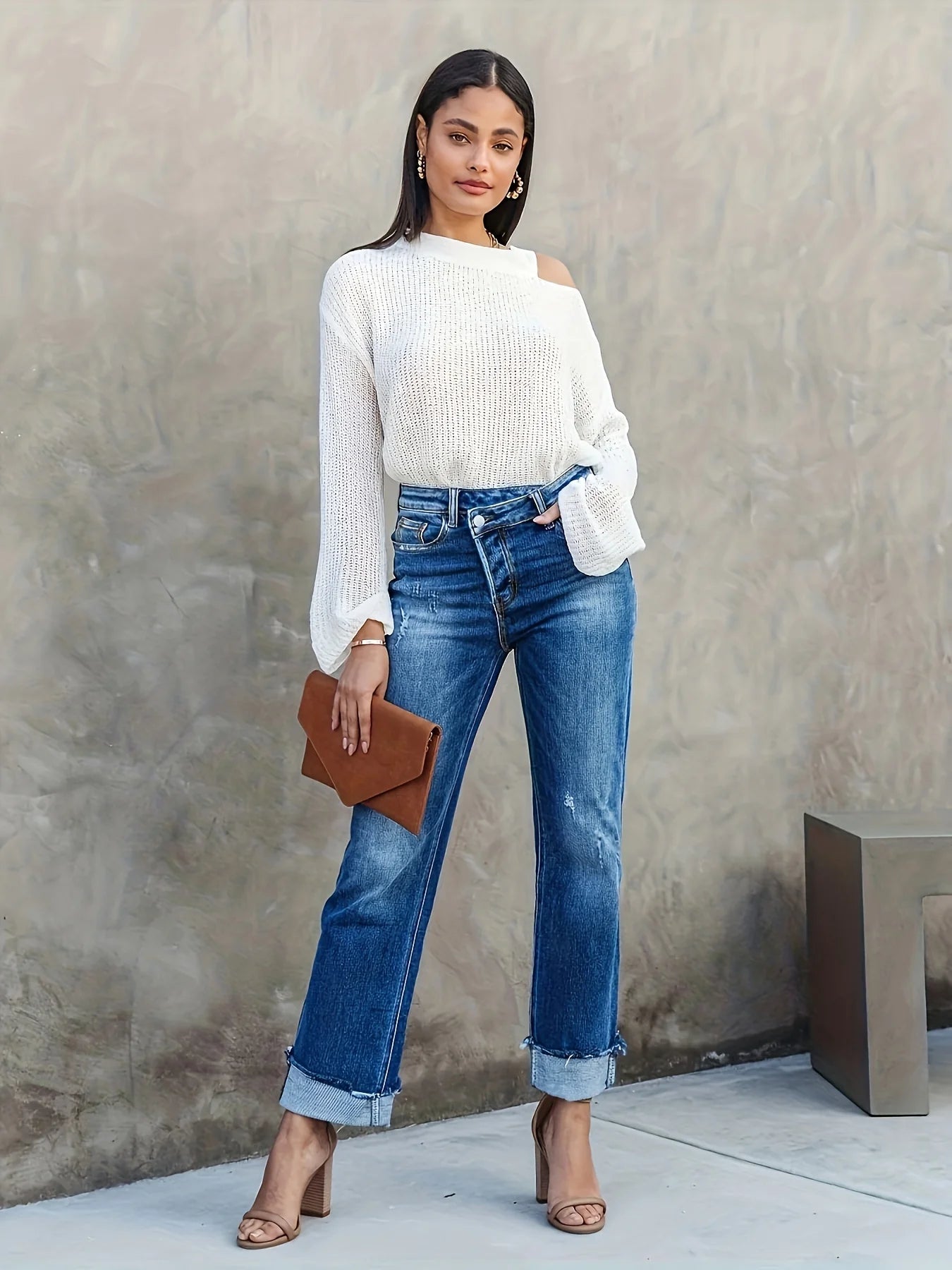 Amy Fashion - Asymmetrical Waist Casual Straight Loose Fit Rolled Hem Denim Jean