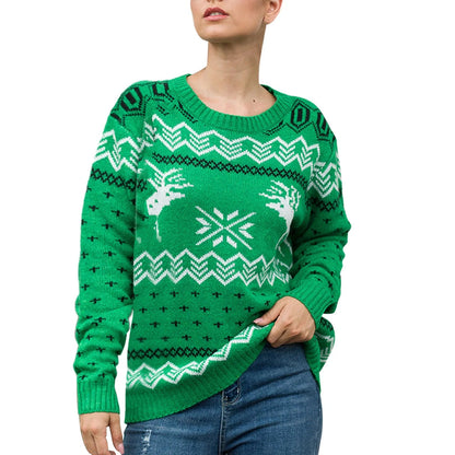 Geometric Pattern Printed Xmas Christmas Party Green Sweater