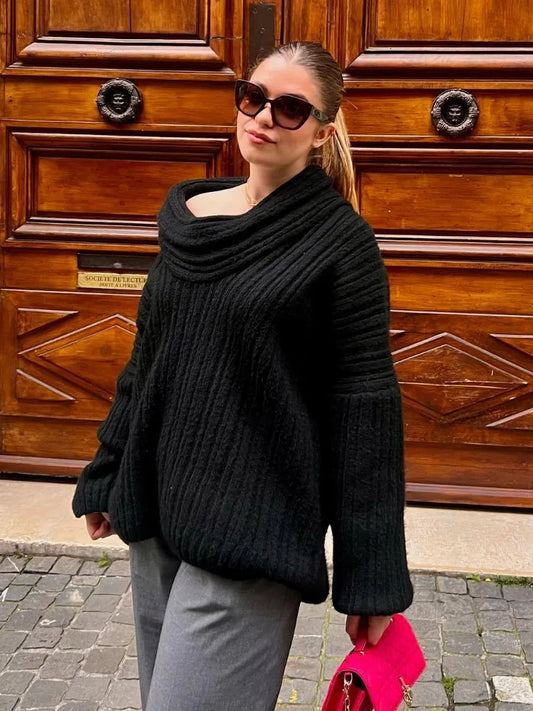 Oversized Sexy Slash Neck Knit Long Sleeve Irregular Casual Sweater