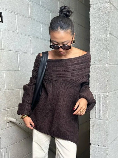 Oversized Sexy Slash Neck Knit Long Sleeve Irregular Casual Sweater