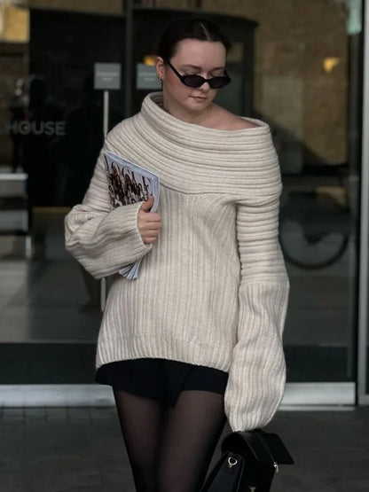 Oversized Sexy Slash Neck Knit Long Sleeve Irregular Casual Sweater