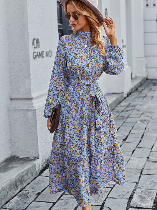 Amy Fashion - Autumn Winter Half High Collar Floral Dress