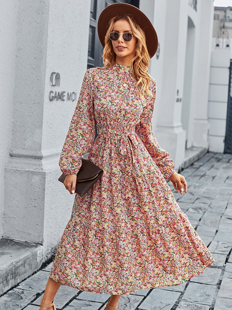 Amy Fashion - Autumn Winter Half High Collar Floral Dress