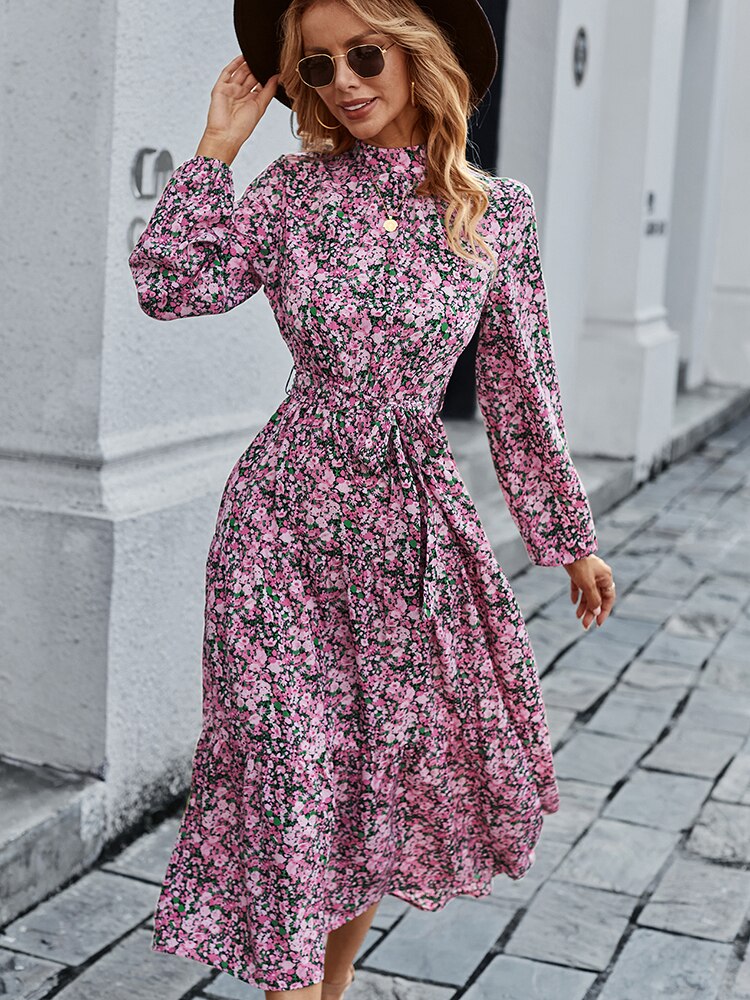 Amy Fashion - Autumn Winter Half High Collar Floral Dress